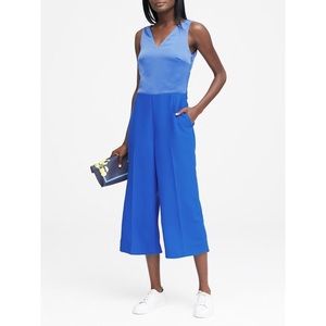 Banana Republic Royal Blue Satin Crepe Wide Leg Cropped Jumpsuit Open Back - 2